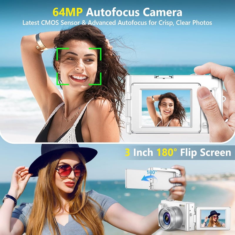 TEFTYMON 4K Digital Camera for Photography Autofocus, 64MP WiFi Vlogging Camera for YouTube with 2 Batteries, SD Card, 3" 180°Flip Screen Selfie Compact Travel Camera for Teens with 16X Zoom, Anti-Shake, White - Image 3